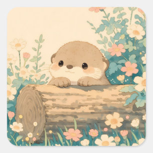Sweet Otter Resting on Hollow Log Square Sticker