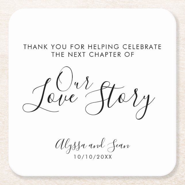 Sweet Our Love Story Wedding Reception Square Paper Coaster (Front)