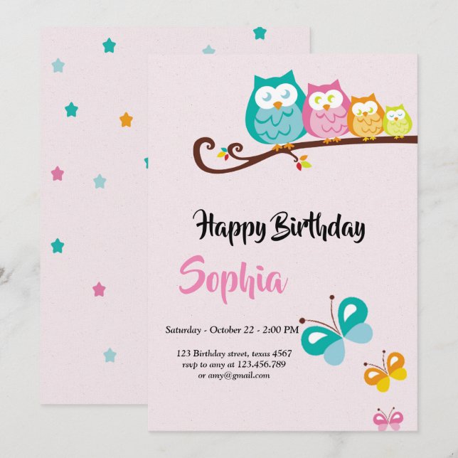 sweet owl and butterfly   birthday card (Front/Back)