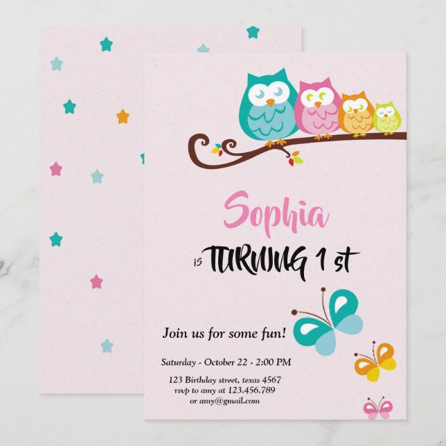 sweet owl and butterfly   birthday card (Front/Back)