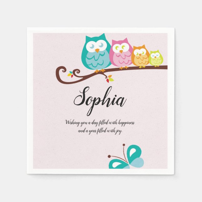 sweet owl and butterfly   birthday napkin (Front)