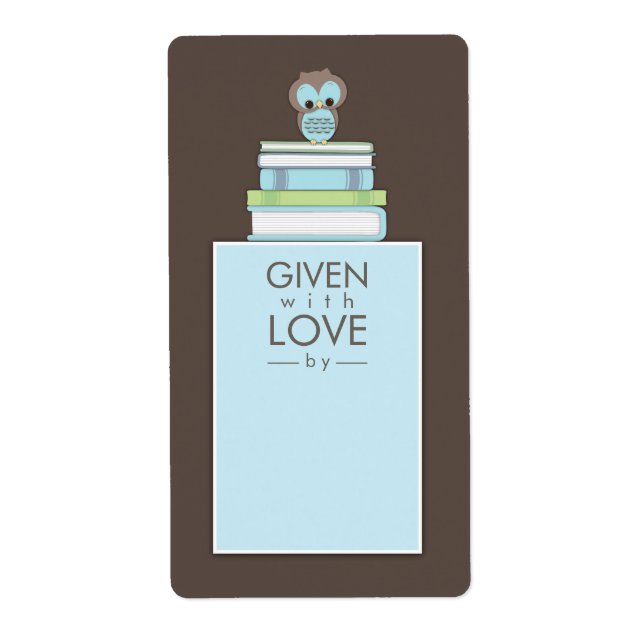 Sweet Owl Bookplate Gift Label Blue | Brown (Front)