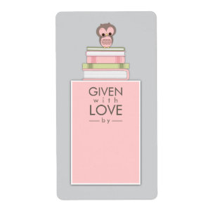 Sweet Owl Bookplate Name Label Pink   Grey