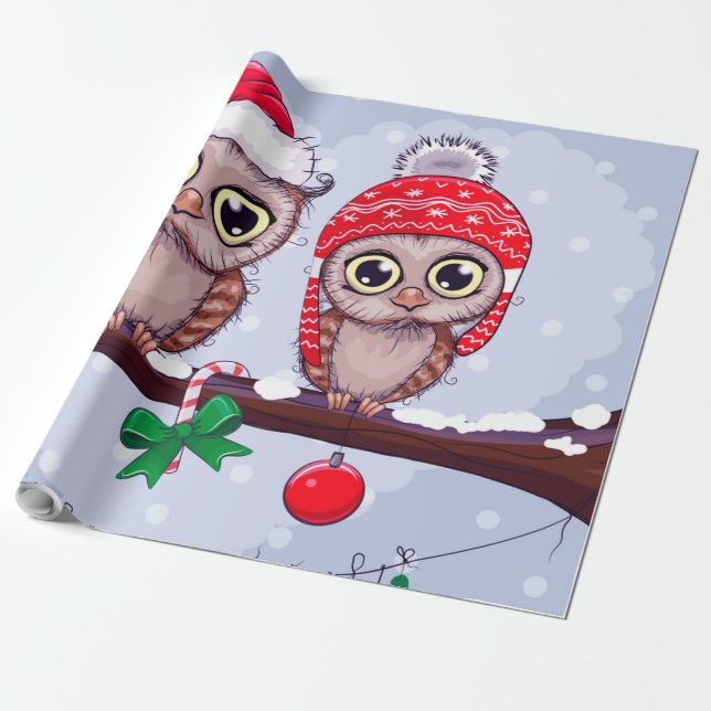 Sweet Owl in Christmas Wrapping Paper (Unrolled)