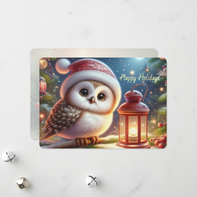 Sweet Owl with Santa Hat - Flat Holiday Card (Front/Back In Situ)