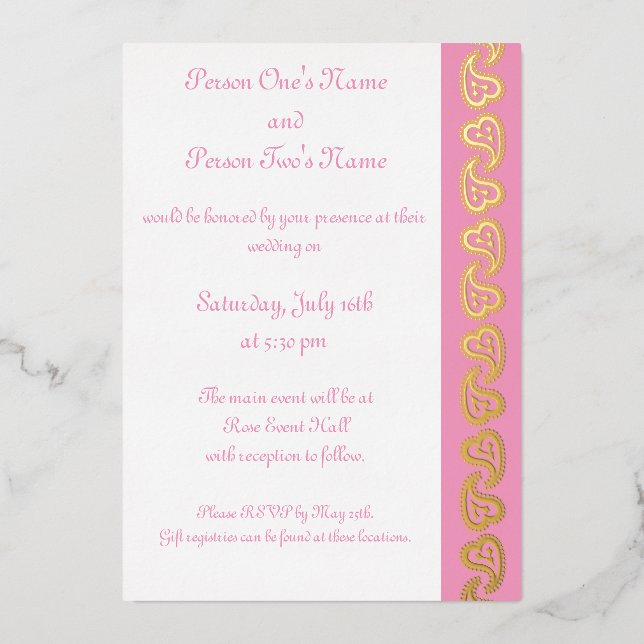 Sweet Paisley Hearts in Petal Pink Foil Invitation (Front)