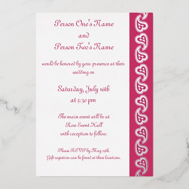 Sweet Paisley Hearts in Raspberry Foil Invitation (Front)