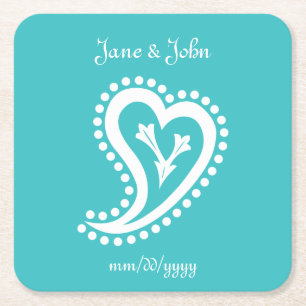 Sweet Paisley Hearts in Turquoise Paper Coaster