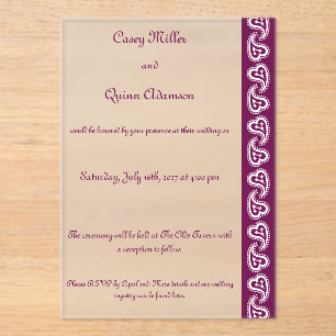 Sweet Paisley Hearts in Wine Acrylic Wedding Invitations