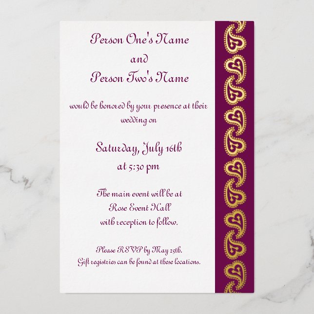 Sweet Paisley Hearts in Wine Foil Invitation (Front)