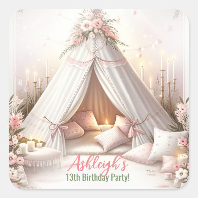 Sweet Pajama Party Girly Sleepover Birthday Square Sticker (Front)