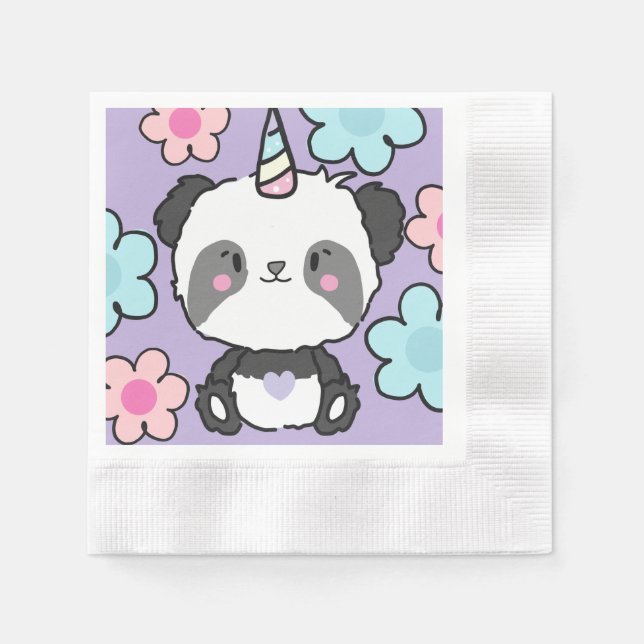 Sweet Panda Unicorn Girls Rainbow Birthday Napkin (Front)