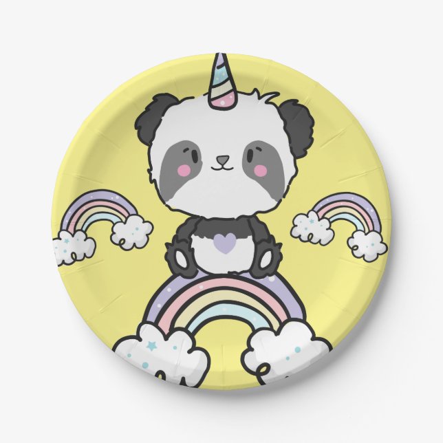 Sweet Panda Unicorn Girls Rainbow Birthday Paper Plate (Front)