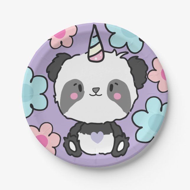Sweet Panda Unicorn Girls Rainbow Birthday Paper Plate (Front)