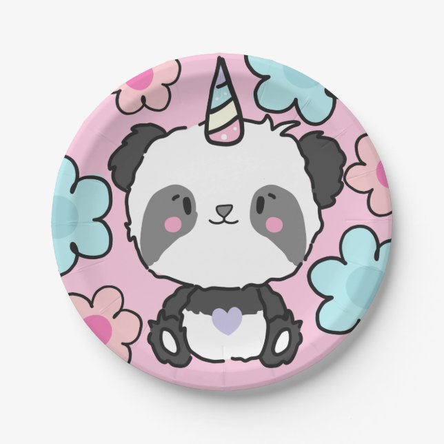 Sweet Panda Unicorn Girly Floral Paper Plate (Front)