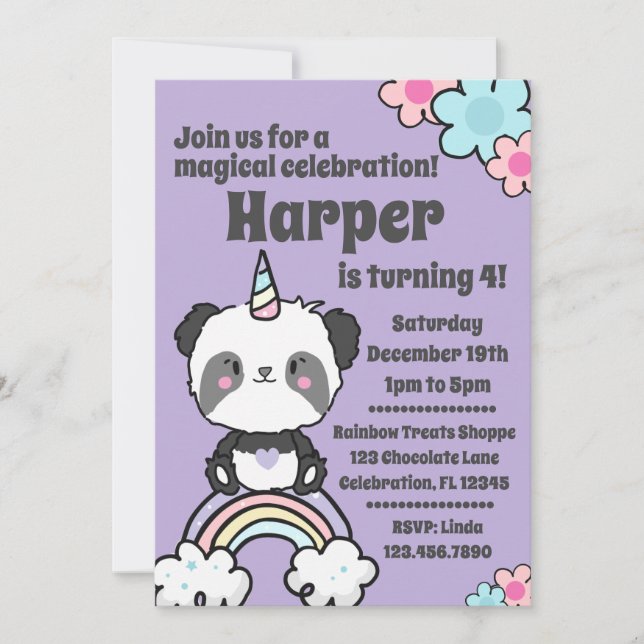 Sweet Panda Unicorn Girly  Invitation (Front)
