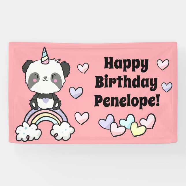 Sweet Pandacorn with Rainbow Hearts Birthday Banner (Horizontal)
