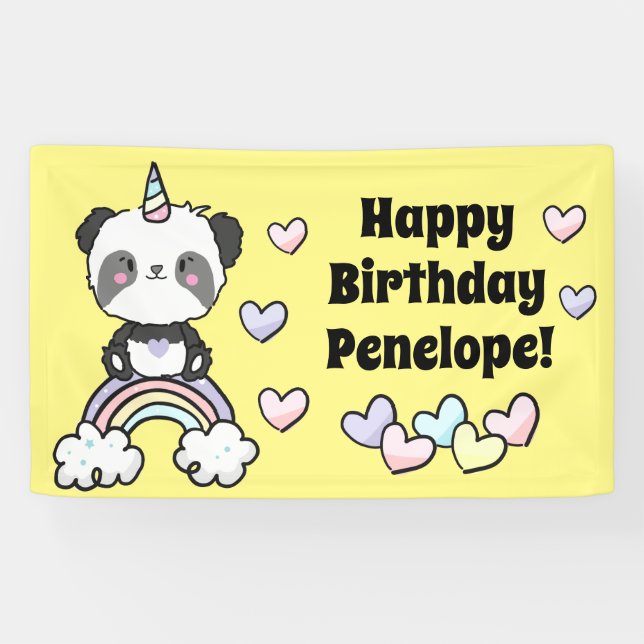 Sweet Pandacorn with Rainbow Hearts Birthday Banner (Horizontal)