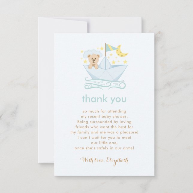 Sweet Paper Boat Bear Baby Shower Thank You Card (Front)
