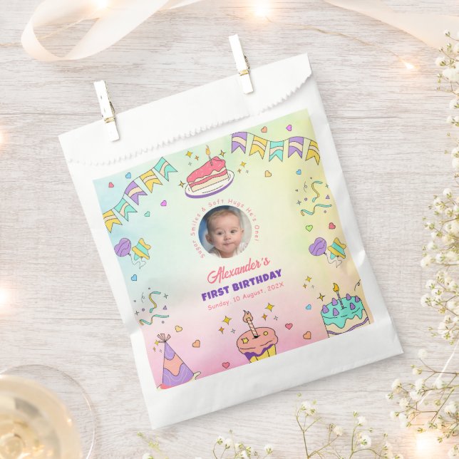 Sweet Pastel Baby Boy 1st Birthday Photo Favor Bag (Clipped)