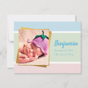 Sweet Pastel Baby Boy Photo Birth Record Stat Card
