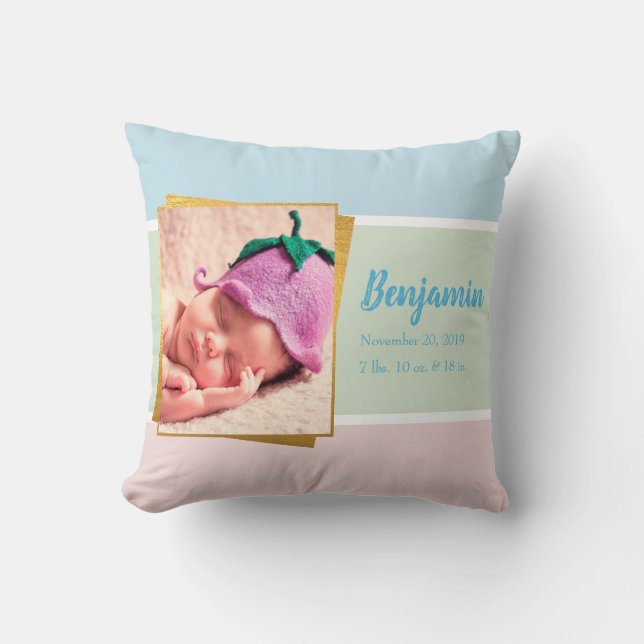 Sweet Pastel Baby Boy Photo Birth Record Stat Cushion (Front)