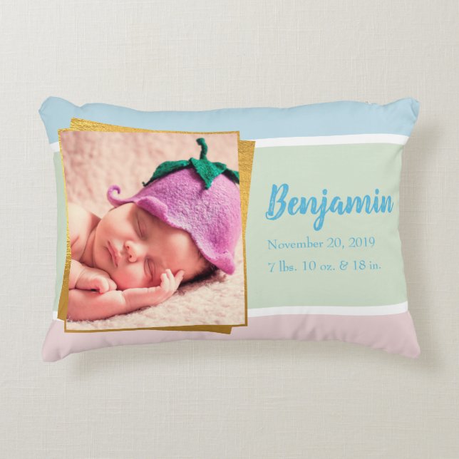 Sweet Pastel Baby Boy Photo Birth Record Stat Decorative Cushion (Front)