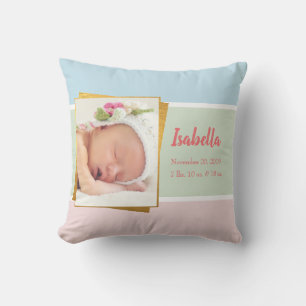 Sweet Pastel Baby Girl Photo Birth Record Stat Cushion