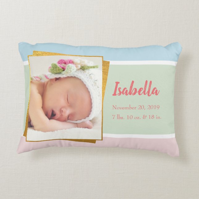 Sweet Pastel Baby Girl Photo Birth Record Stat Decorative Cushion (Back)