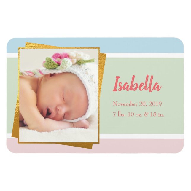 Sweet Pastel Baby Girl Photo Birth Record Stat Magnet (Horizontal)