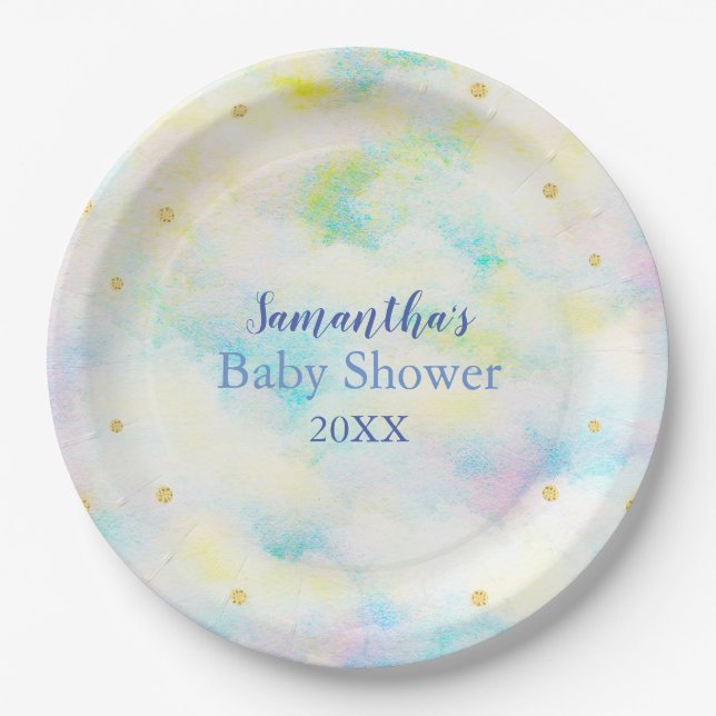 Sweet Pastel Blue Clouds Baby Shower Paper Plate (Front)