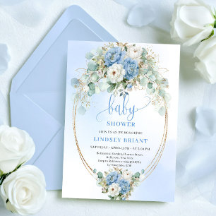 Sweet Pastel Blue Peonies Baby Shower Gold Invite