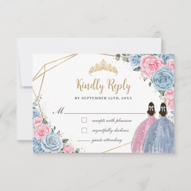 Sweet Pastel Blue Pink Quinceañera Twins Reply RSVP Card (Front)