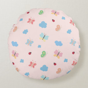 Sweet Pastel Butterflies & Ladybugs Pattern Round Cushion