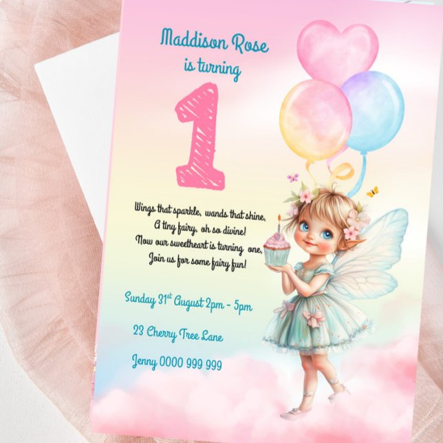 Sweet Pastel Fairy 1st Birthday Invitation (Fairy First Birthday Girl Invitation)