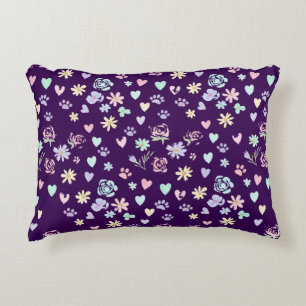 Sweet Pastel Floral Hearts and Paw Print Pattern Decorative Cushion