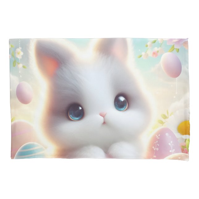 Sweet Pastel Kawaii Kitten Easter Eggs Pillowcase (Front)