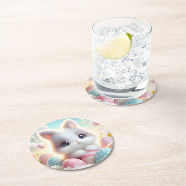 Sweet Pastel Kawaii Kitten Easter Eggs Round Paper Coaster (Insitu)