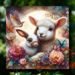 Sweet Pastel Watercolor Lamb Bunny Flowers Holiday Card