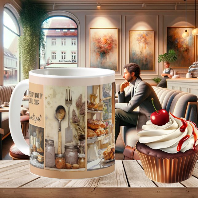 Sweet Pastry Bakery Coffee Shop Photo  Coffee Mug (Elegant bakery mug featuring your custom photos - or watercolor images - on a pastel design)