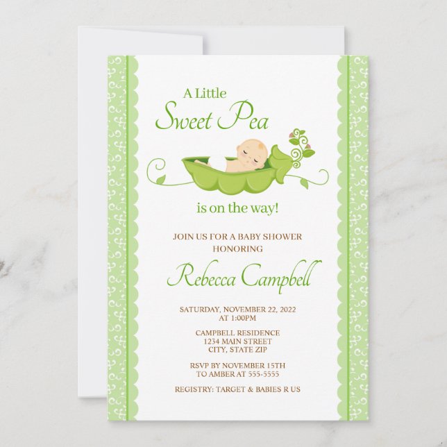 Sweet Pea Baby Shower Invitation, Gender Neutral Invitation (Front)