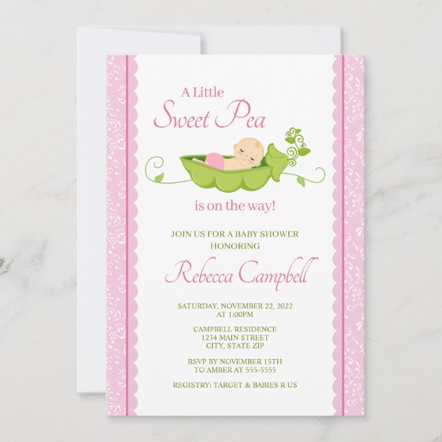 Sweet Pea Baby Shower Invitation, Girl Pink Invitation (Front)
