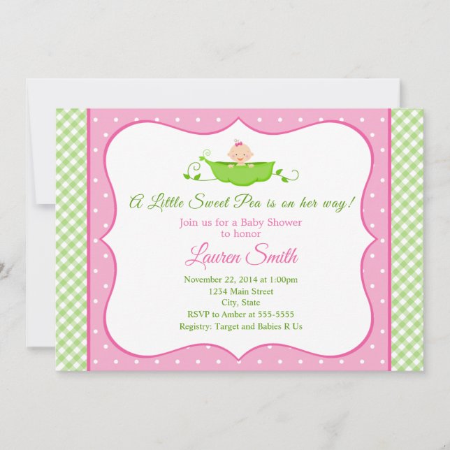 Sweet Pea Baby Shower Invitation Pink Girl Baby (Front)