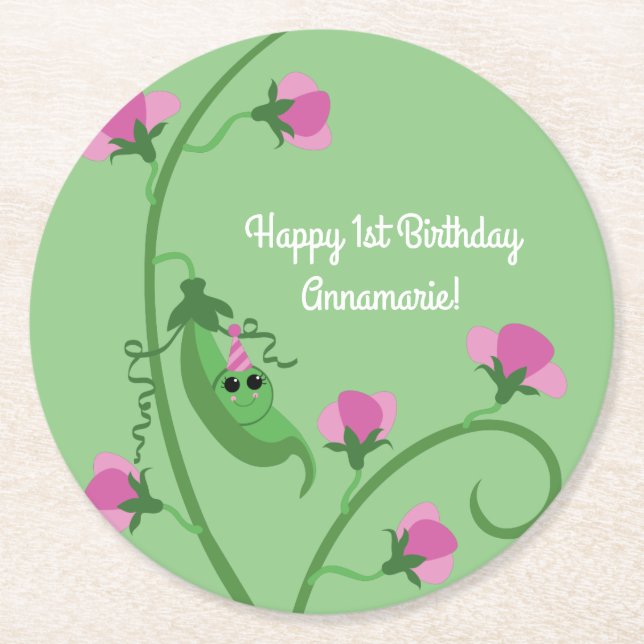 Sweet Pea Cute 1st Birthday Party Round Paper Coaster (Front)