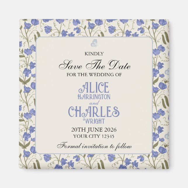 Sweet Pea Floral Blue and Cream  Magnet (Front)