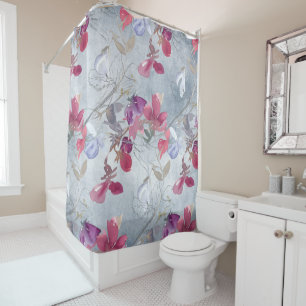 Sweet Pea Floral Pattern on Blue Shower Curtain