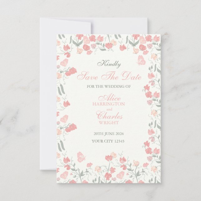 Sweet Pea Floral Pink and Cream  Save The Date (Front)