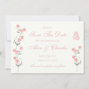 Sweet Pea Floral PInk and Cream Save the Date Invitation