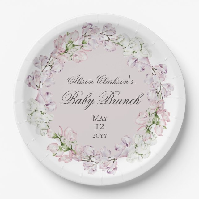 Sweet Pea flower Baby brunch elegant Round  Paper Plate (Front)
