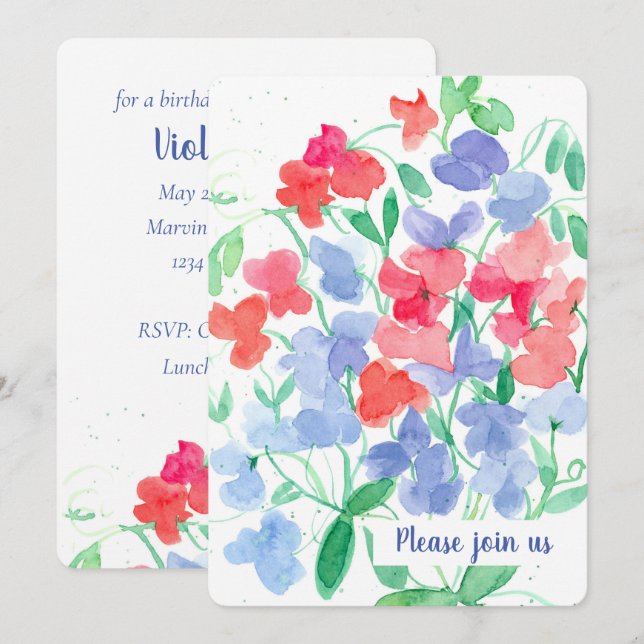 Sweet Pea Flowers Birthday Party Invitation (Front/Back)